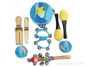 Ammoon Lot de 10 jouets musicaux Instruments de percussion Avec tambourin maracas castagnettes grelots güiro en bois pour enfants bleu