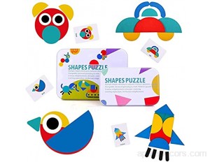 BBLIKE Tangram 36 Montessori Puzzle Bois + 60 PCS Cartes de Conception Jouets Éducatifs Jeux de Tri et d'Empilement pour Les Enfants Multicolore