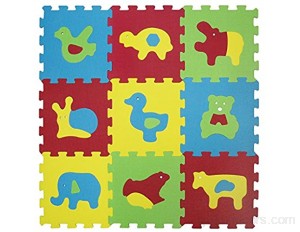 LUDI – Tapis de sol épais pour l’éveil de bébé – 1050 - puzzle géant aux motifs Animaux – dès 10 mois – lot de 9 dalles en mousse multicolores et 18 éléments pour tapis de jeu.